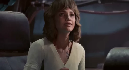 Star Wars Outlaws, a woman in a white top and brown hair sitting inside a cockpit of a spaceship.