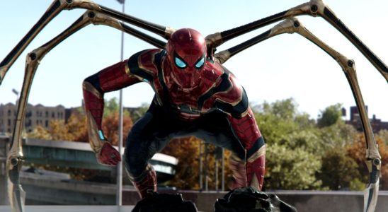 Spider-Man crouched in his Iron Spider suit in Spider-Man: No Way Home.