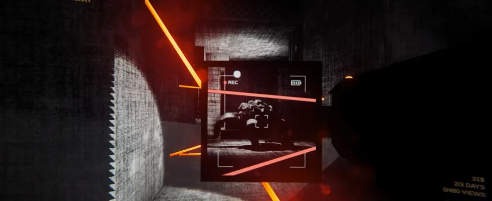 A monochrome room with the player using a camera to film laser beams in Content Warning.