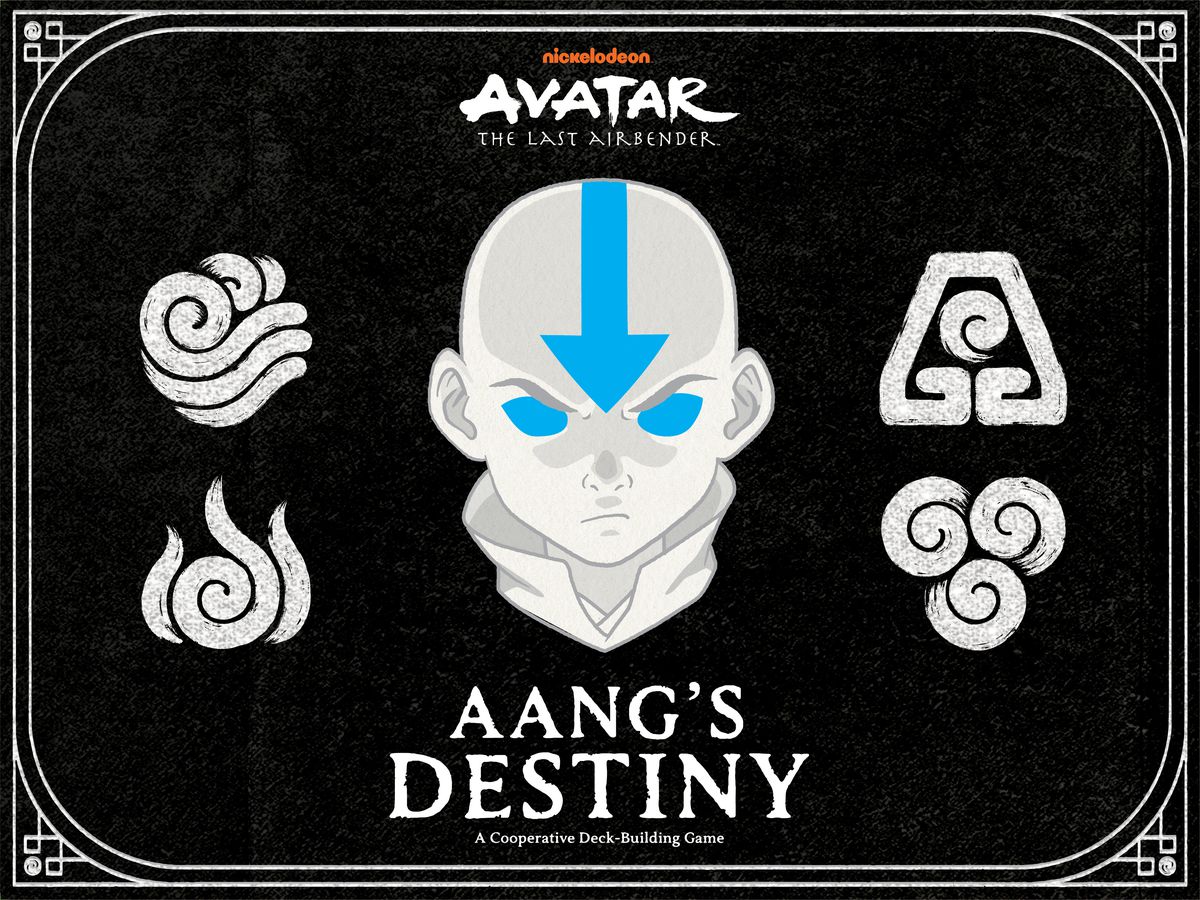 Le visage déterminé d'Aang et les symboles des quatre nations d'Avatar : Le dernier maître de l'air figurent en noir, blanc et bleu sur la pochette d'Avatar : Le dernier maître de l'air – Le destin d'Aang.