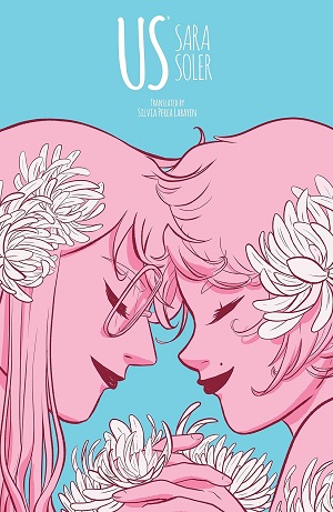 Couverture du livre Nous avec une illustration de deux femmes roses avec des fleurs dans les cheveux, penchant le front l'un contre l'autre et souriant les yeux fermés.