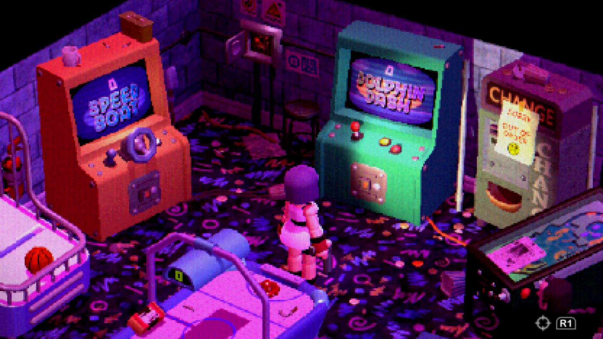Un personnage en blocs se tient dans une arcade colorée