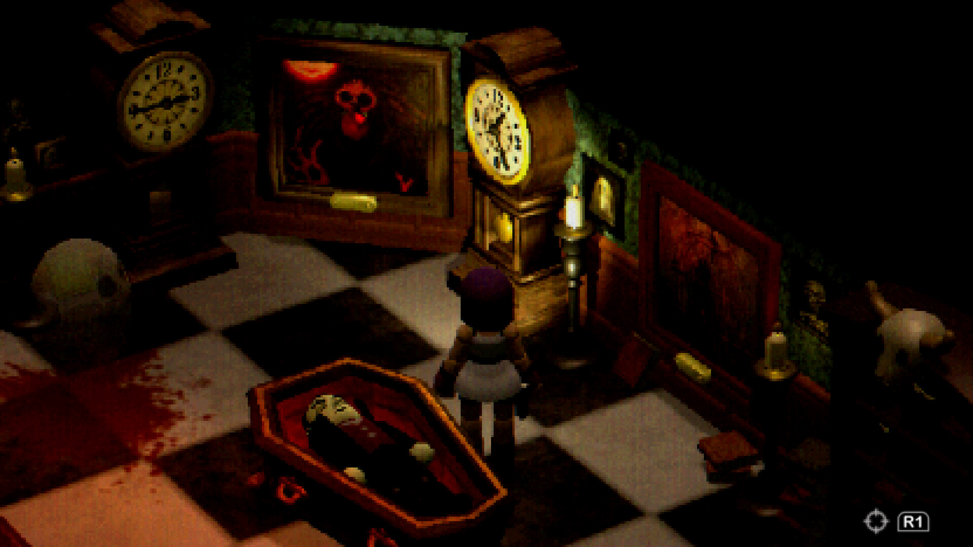 Un personnage en forme de bloc se tient dans une pièce avec un cercueil au centre sur des carreaux noirs et blancs, à côté d'une grande horloge grand-père