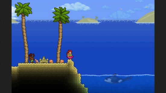 Mise à jour Terraria 1.4.5 - Deux joueurs au bord du biome océanique, où une orque nage dans l'eau.