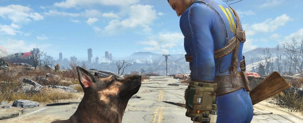 Fallout 4: The Sole Survivor looking at Dogmeat.