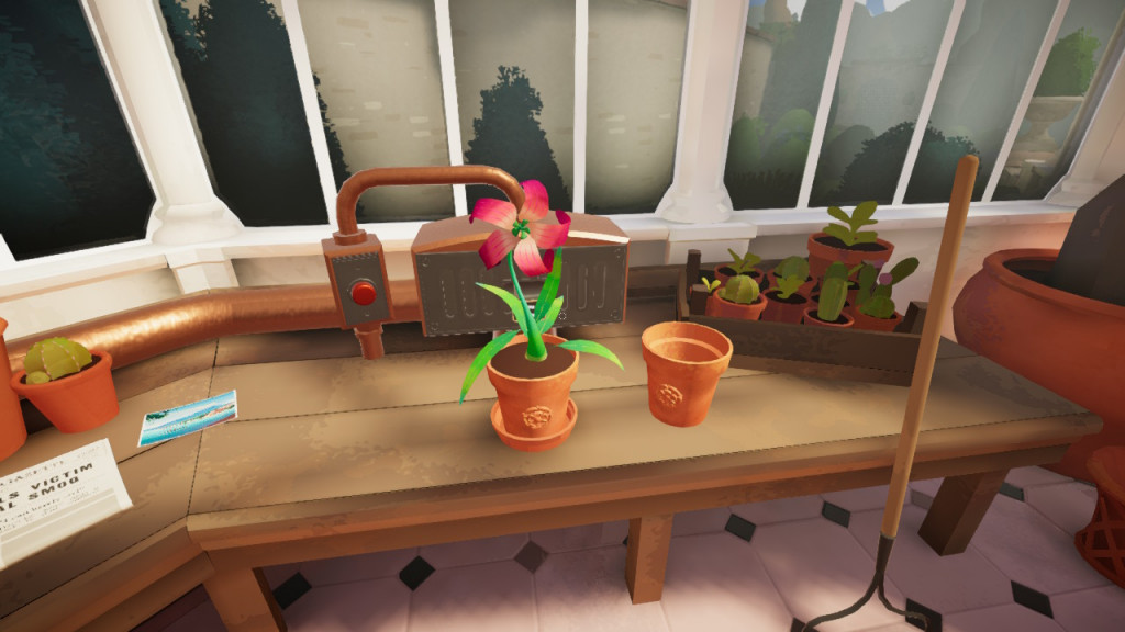 capture d'écran montrant une plante à fleurs rouges qui a poussé dans un pot en argile brune.  Il se trouve sur un établi marron dans une grande serre au sol carrelé.