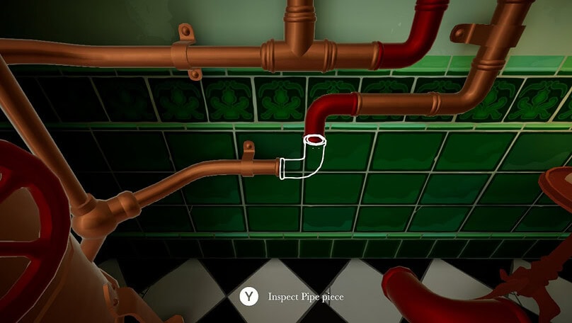 capture d'écran montrant un puzzle de tuyaux sur un mur végétal dans une salle de bain.  Les conduites d'eau nécessitent que les pièces manquantes soient insérées dans les bons espaces.