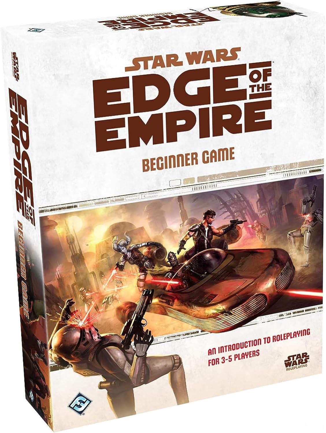 La pochette d'Edge of the Empire montre des canailles dans un speeder éliminant des stormtroopers en mouvement.