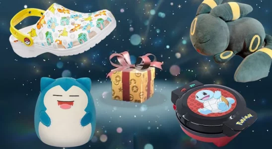 Image of the Pokemon Mystery Gift screen, with several Pokemon merch items floating around it