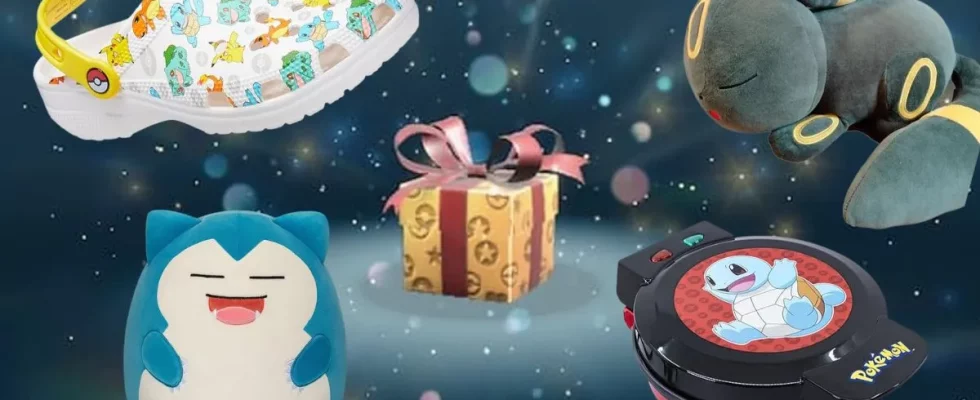 Image of the Pokemon Mystery Gift screen, with several Pokemon merch items floating around it