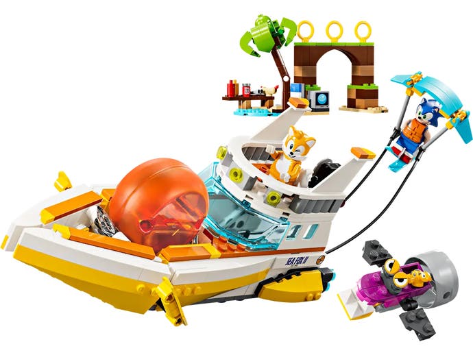 Image de l'ensemble Lego Tail's Adventure Boat comprenant le bateau d'équitation Tails et le parachute ascensionnel Sonic.