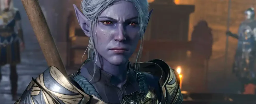 Baldur's Gate 3 NPC Minthara, a purple-skinned dark elf with a sword on her back, looking stern.