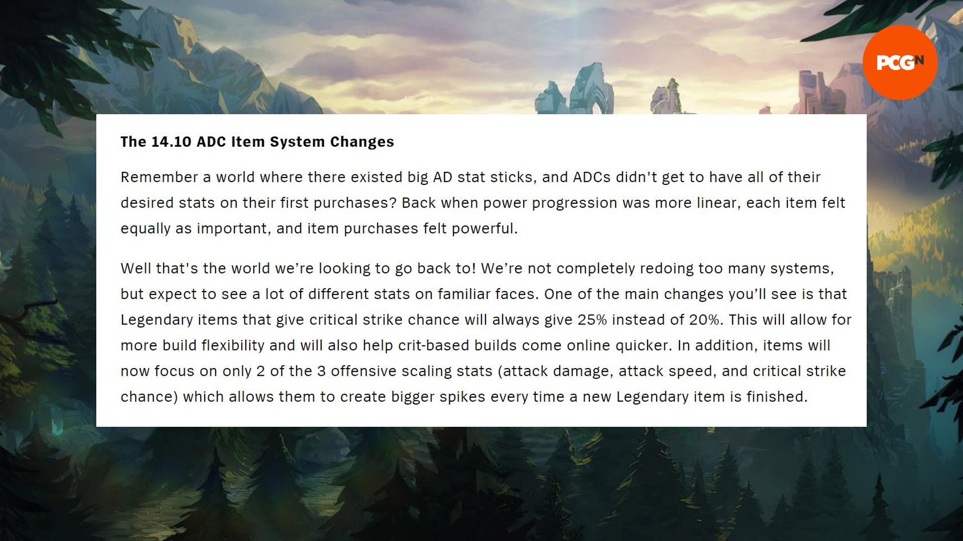 Une capture d'écran d'un article de blog de League of Legends dans lequel Riot Games discute des modifications apportées aux éléments ADC dans la saison 13 Split 2.