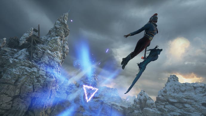 Écran officiel de Flintlock montrant Nor et Enki planant dans les airs via un triangle violet brillant