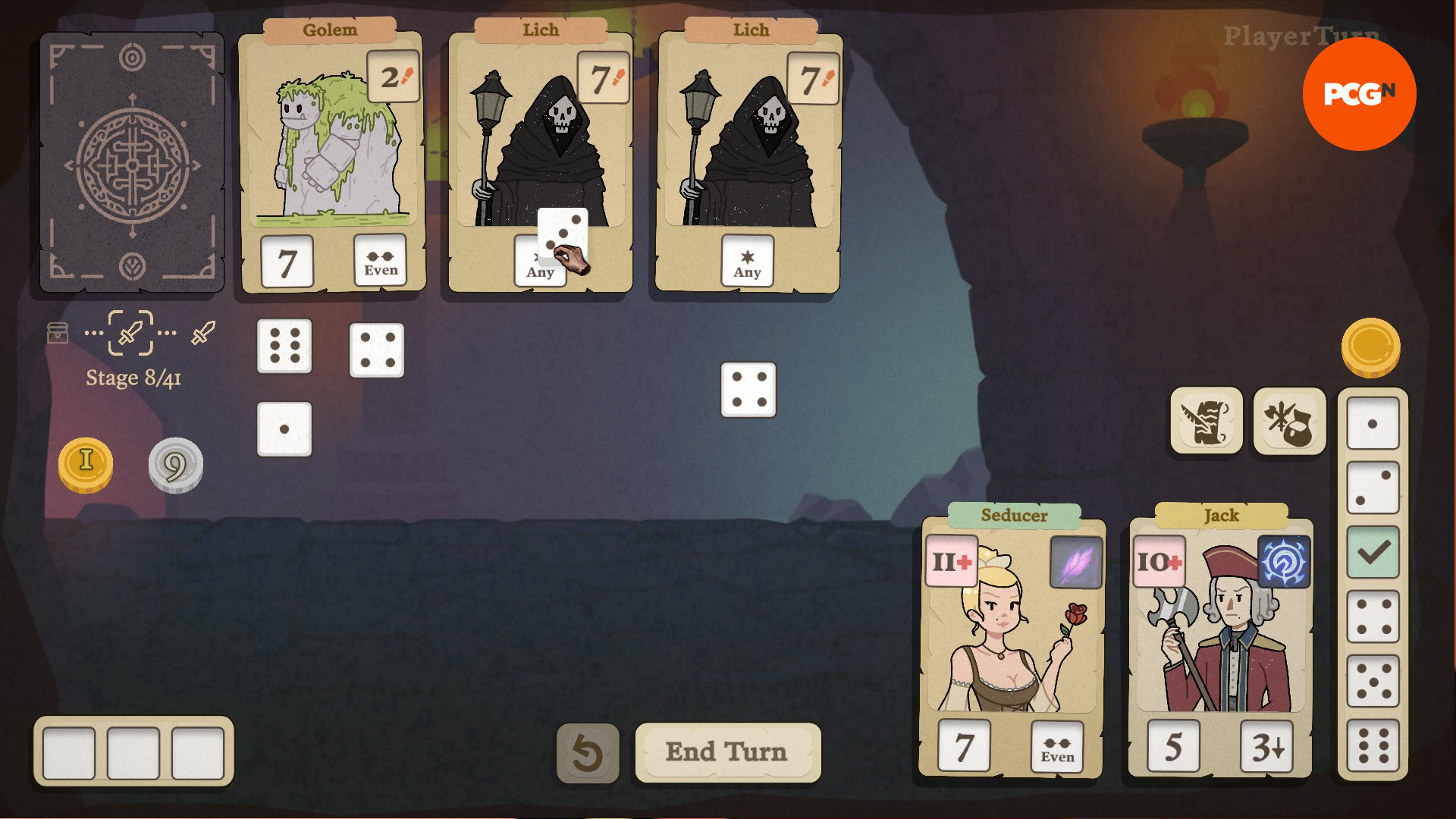 Démo Dice and Fold - Le joueur aligne les dés pour correspondre aux ennemis qui lui font face.