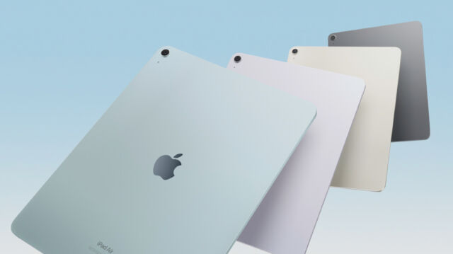 Le nouvel iPad Air d'Apple en bleu, violet, starlight et gris sidéral.