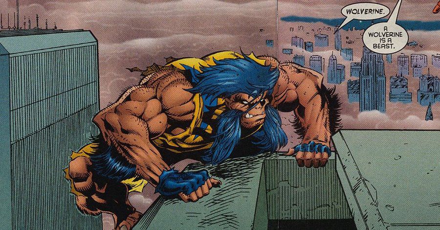 Wolverine est accroupi à quatre pattes sur le toit d'un immeuble, avec un aspect assez différent de d'habitude.  Son costume est déchiré, exposant ses bras depuis l'épaule et ses jambes depuis les genoux.  Il n'a pas de bottes, ni de mitaines, et son visage et ses cheveux sont plus bestiaux qu'humains – son nez plat et semblable à celui d'un singe, ses canines inférieures dépassant de sa lèvre supérieure comme des défenses. 