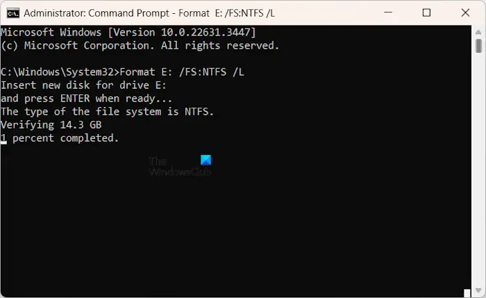 Formater le lecteur NTFS avec le paramètre L