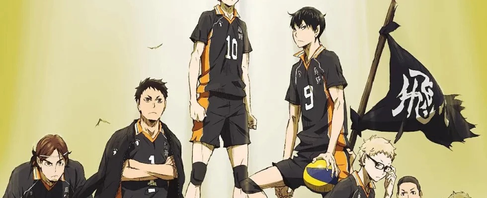 The main cast of Haikyuu on a yellow and white backdrop