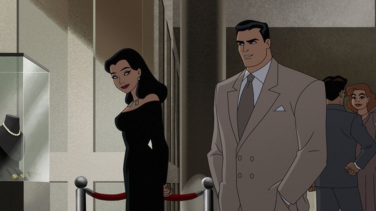 Bruce Wayne et Selina Kyle se tiennent dans une galerie d'art dans la série animée Batman : Caped Crusader