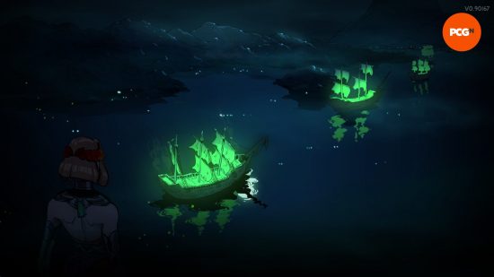 Revue Hades 2 : Melinoe regarde les navires de guerre verts lumineux dans l'océan