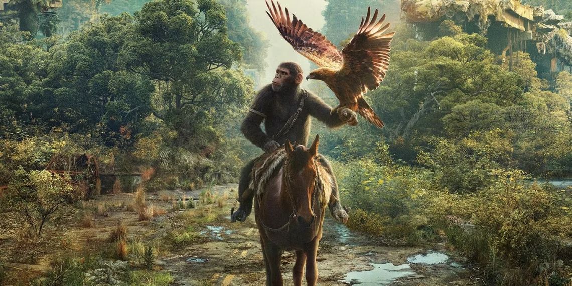 Un détail d'une affiche de théâtre pour Le Royaume de la planète des singes montre le chimpanzé Noa à cheval, avec un aigle royal aux ailes ouvertes posé sur son bras.  Divulgacher!