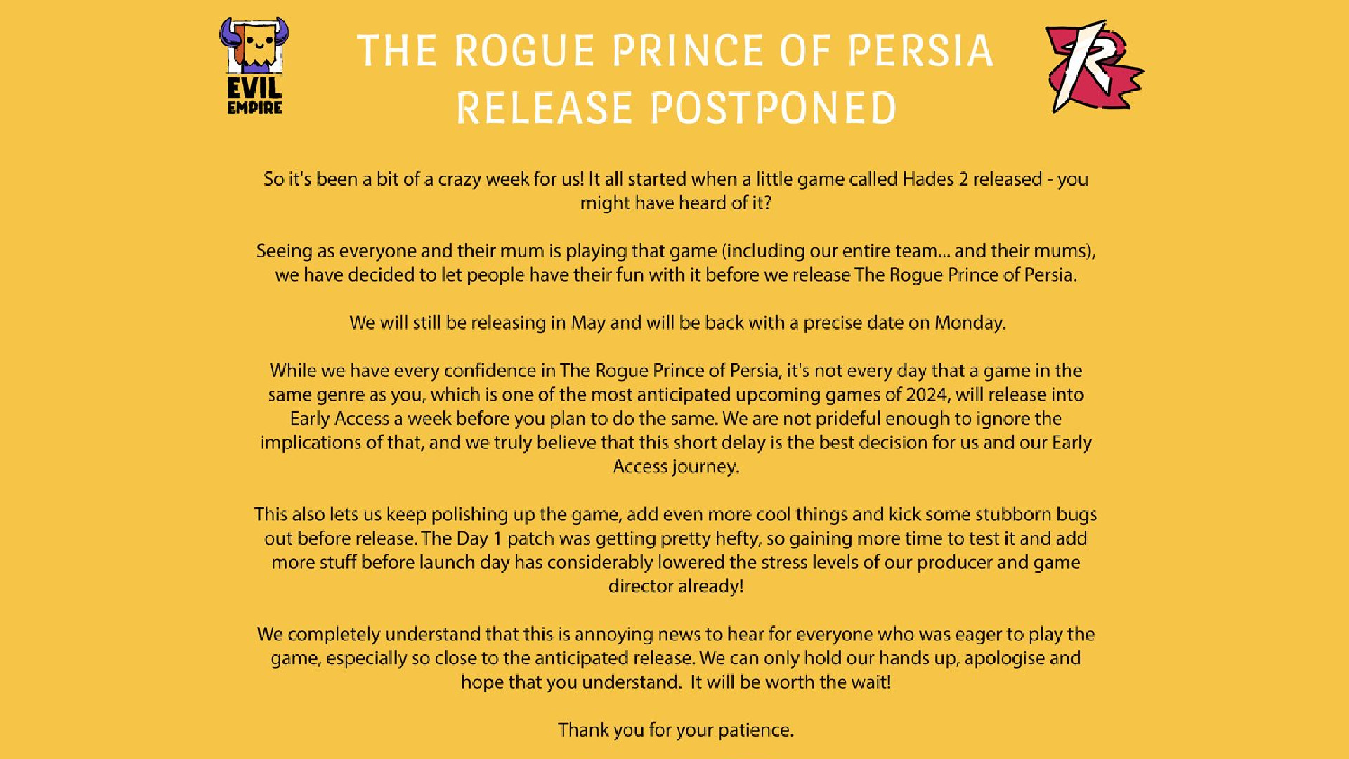 Le retard du Rogue Prince of Persia - déclaration complète d'Evil Empire.