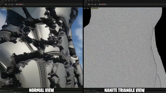montrant une vue triangulaire normale et nanite d'un personnage avec Nanite d'Unreal Engine 5 activé