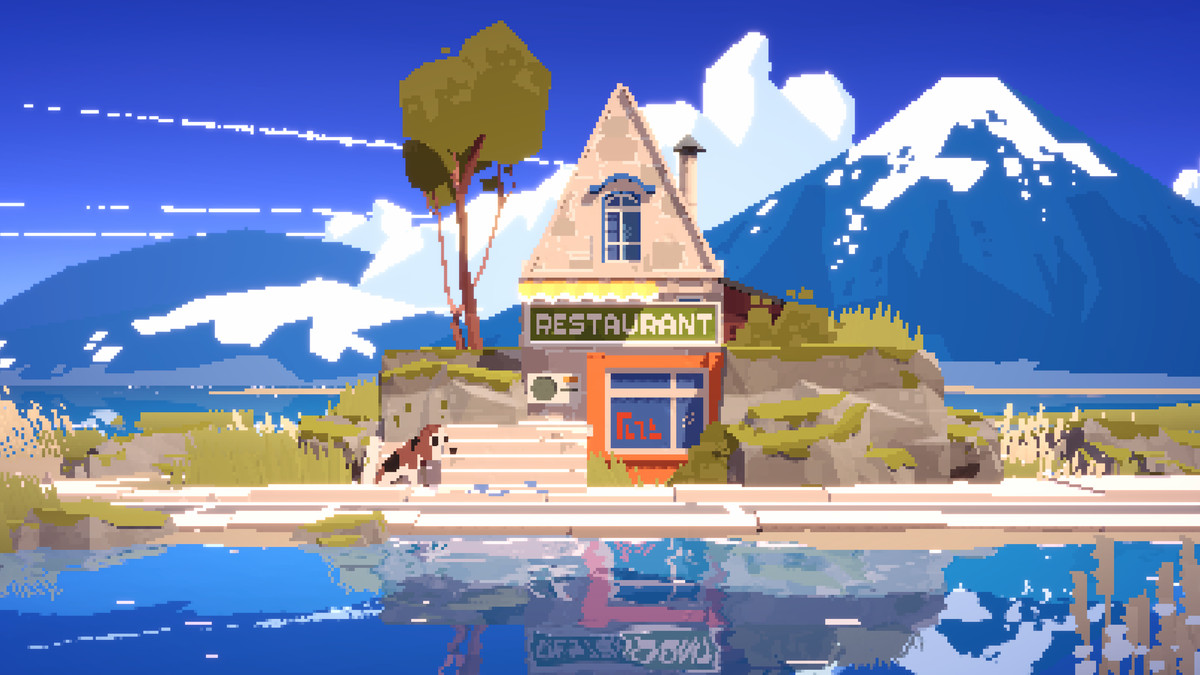 Une image apaisante d'un restaurant pixelisé devant une montagne, avec un lac en face, à Summerhouse