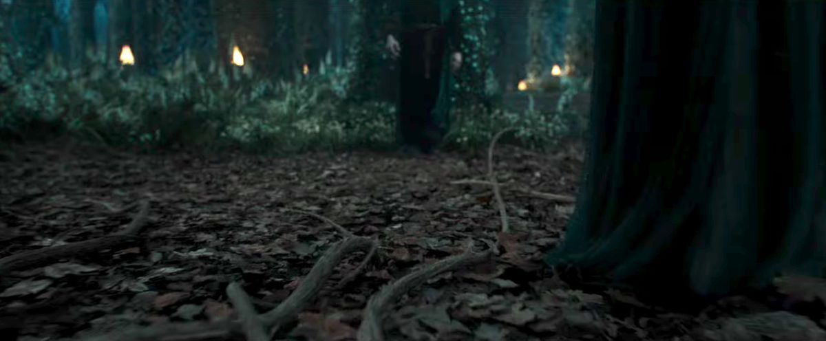 Des racines ressemblant à des tentacules envahissent rapidement le sol de la forêt en direction d'un personnage en robe noire dans Le Seigneur des Anneaux : Les Anneaux du Pouvoir. 
