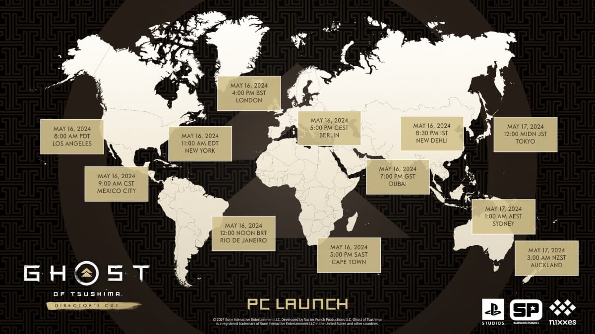 Une carte montrant les horaires de sortie mondiaux de Ghost of Tsushima sur PC