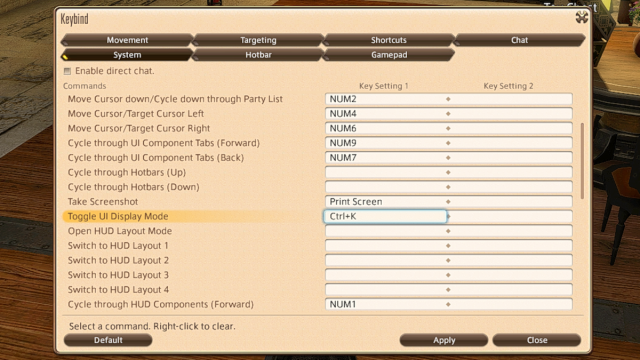 Le raccourci clavier d'affichage de l'interface utilisateur a été modifié en CTRL+K dans Final Fantasy XIV