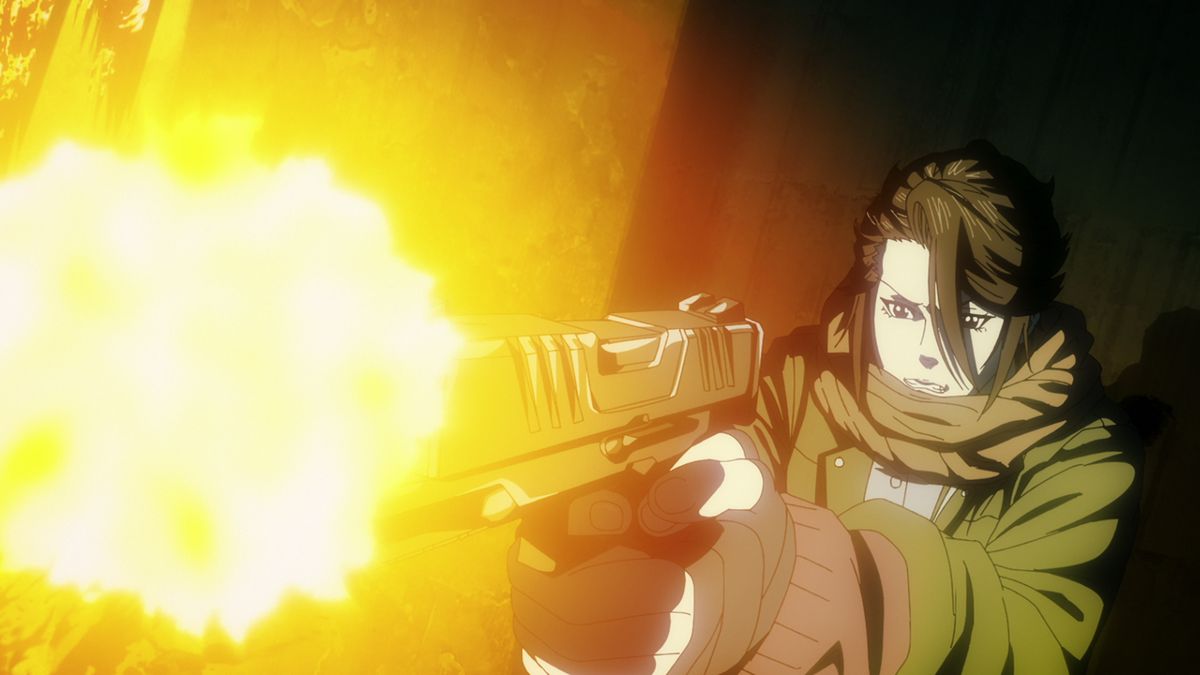 Une femme soldat anonyme vêtue d'une veste et d'un foulard militaires tire avec une arme de poing dans un alambic de l'anime Terminator : Zéro.