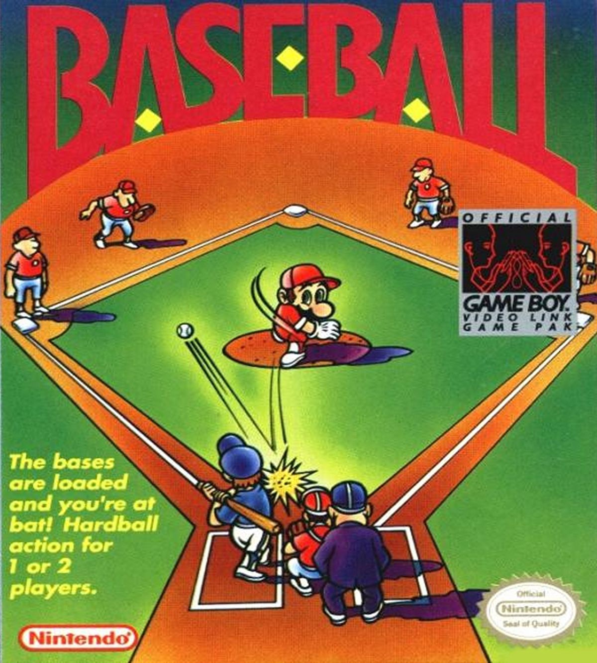 Couverture de la version Game Boy de Baseball, avec une illustration de Mario lançant contre un frappeur qui a frappé une balle vers le champ gauche