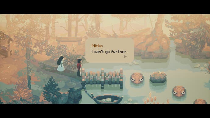 Capture d'écran d'Indika montrant une scène de flashback de style 16 bits alors que les personnages s'approchent d'un étang avec des têtes de serpent ou de tortue géantes qui sortent.