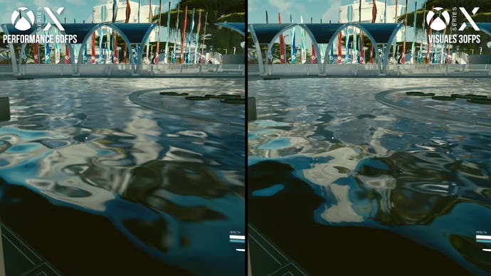 comparaison des visuels et des modes de performance dans Starfield avec des reflets dans l'eau