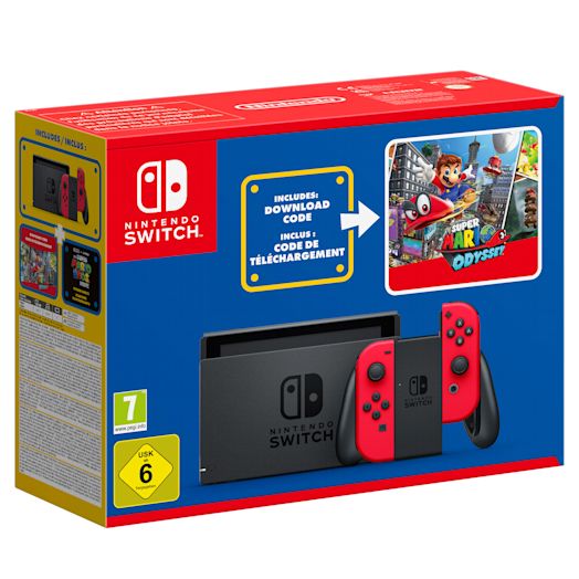 Nintendo Switch (Rouge) + Super Mario Odyssey + Autocollants du film Super Mario Bros.
