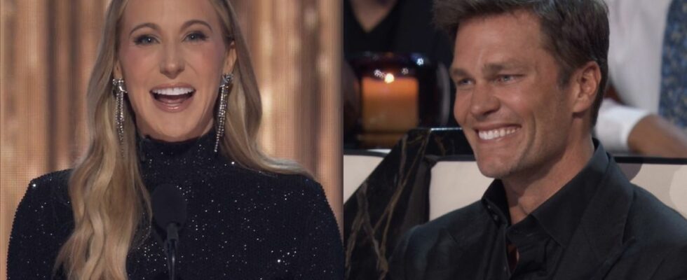 Side-by-side of Nikki Glaser smiling while telling jokes on stage during the Roast of Tom Brady, Tom Brady smiling during Drew Bledsoe joke