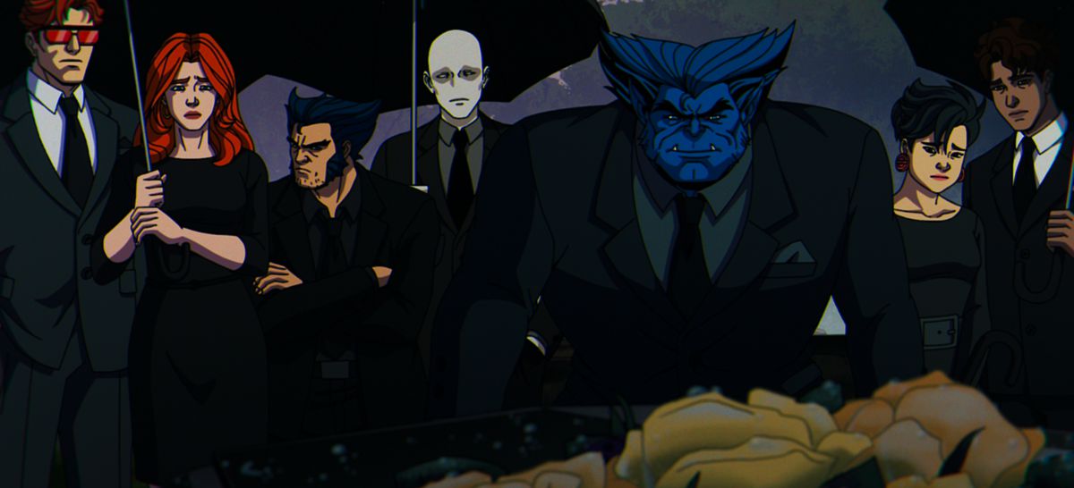 Les X-Men se tiennent en tenue funéraire devant un cercueil dans X-Men '97