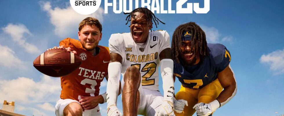 College Football 25's cover art featuring Donovan Edwards, Quinn Ewers, and Travis Hunter