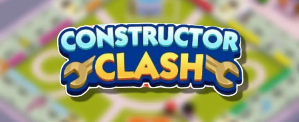The Monopoly GO Constructor Clash logo on top of a blurred background
