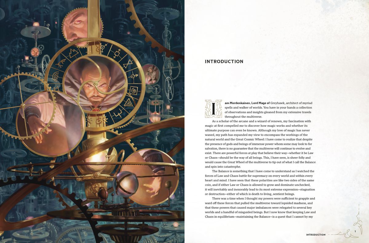 La première diffusion de la section d'introduction dans Worlds &  Royaumes.  La page de gauche montre le mage Mordenkainen regardant devant lui sur un fond bleu sarcelle avec des engrenages et des cercles au premier plan.  La page de droite est blanche avec le texte noir de l'introduction du livre.