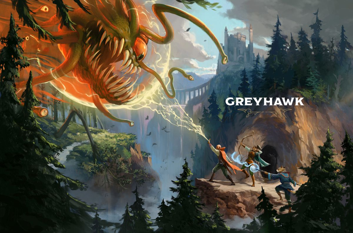 Une double page du Worlds &  Livre des Royaumes montrant des utilisateurs de magie debout au bord d'une falaise attaquant une bête géante.  Sur la page de droite, le titre de la section « GREYHAWK » est imprimé.