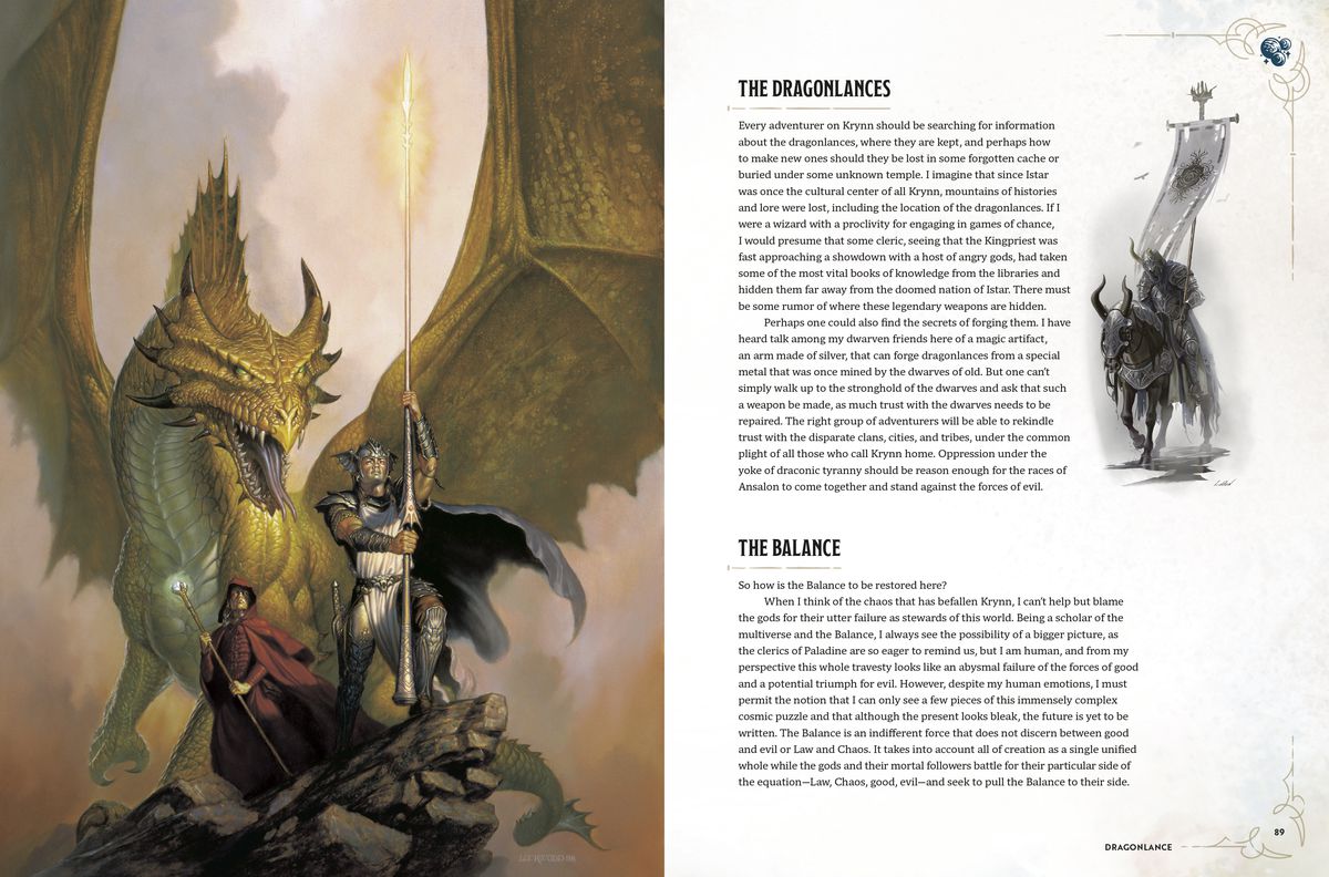 Une double page du Worlds &  Livre des Royaumes.  Sur la page de gauche, c'est l'image d'un guerrier tenant une lance-dragon à côté d'une silhouette vêtue de rouge tenant un bâton.  Derrière eux se trouve un dragon doré.  Sur la page de droite, le texte est divisé en deux sections intitulées « LES DRAGONLANCES » et « L'ÉQUILIBRE ».