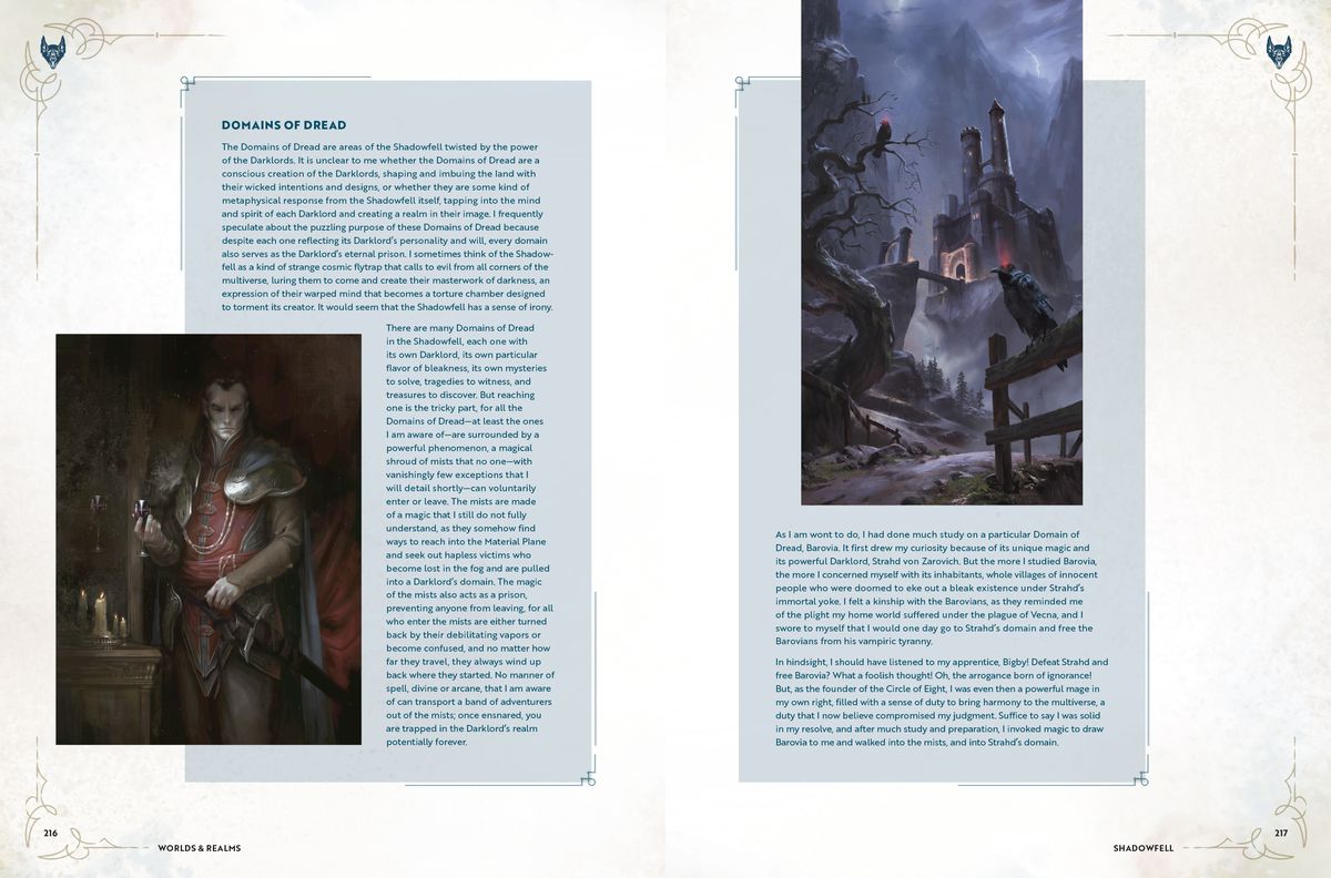 Une double page du Worlds &  Livre des Royaumes sur les Domaines de l'Epouvante.  Il y a du texte sur les deux pages dans des cases bleues.  La page de gauche présente une image d'un Seigneur des Ténèbres tandis que la droite montre un château en Barovie.