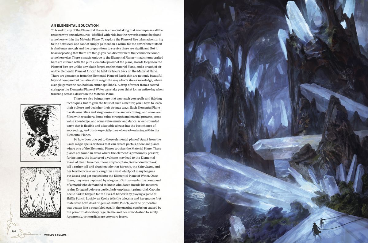 Une double page du Worlds &  Le livre des Royaumes contient un texte sur la page de gauche sur « Une éducation élémentaire » et la page de droite montre une caverne de cristal et de pierre bleue.