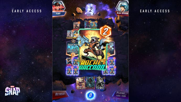 Le jeu de cartes numérique Marvel Snap.  Une carte Rocket Raccoon domine l'écran ici.  C'est lumineux et coloré.