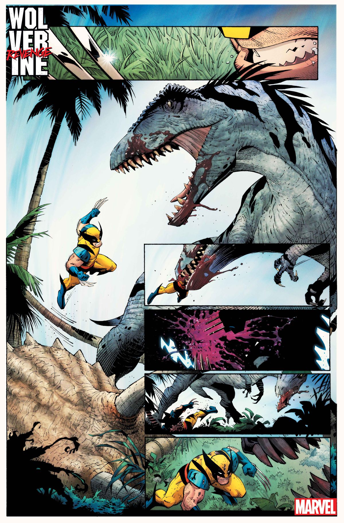 Wolverine dégaine ses griffes et saute sur un dinosaure de type thérapode debout au-dessus de son nouveau tricératops tué.  Il attrape Wolverine dans ses mâchoires, mais le recrache ensuite lorsque Wolverine le coupe avec ses griffes, dans Wolverine : Revenge #1.