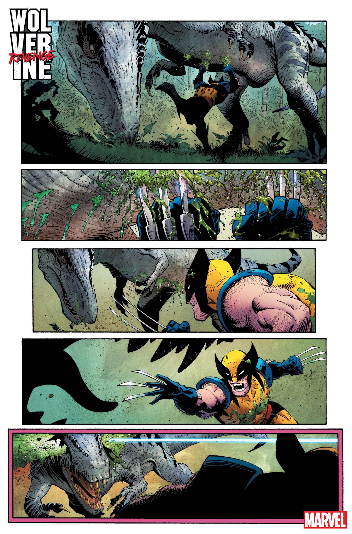 Wolverine court sous un dinosaure de type thérapode, lui coupant le ventre avec ses griffes.  Lui et le dinosaure s'affrontent et sont sur le point de s'affronter à nouveau lorsqu'un projectile ou un laser quelconque tire depuis le panneau, traversant la tête du dinosaure d'un œil à l'autre, dans Wolverine : Revenge #1.