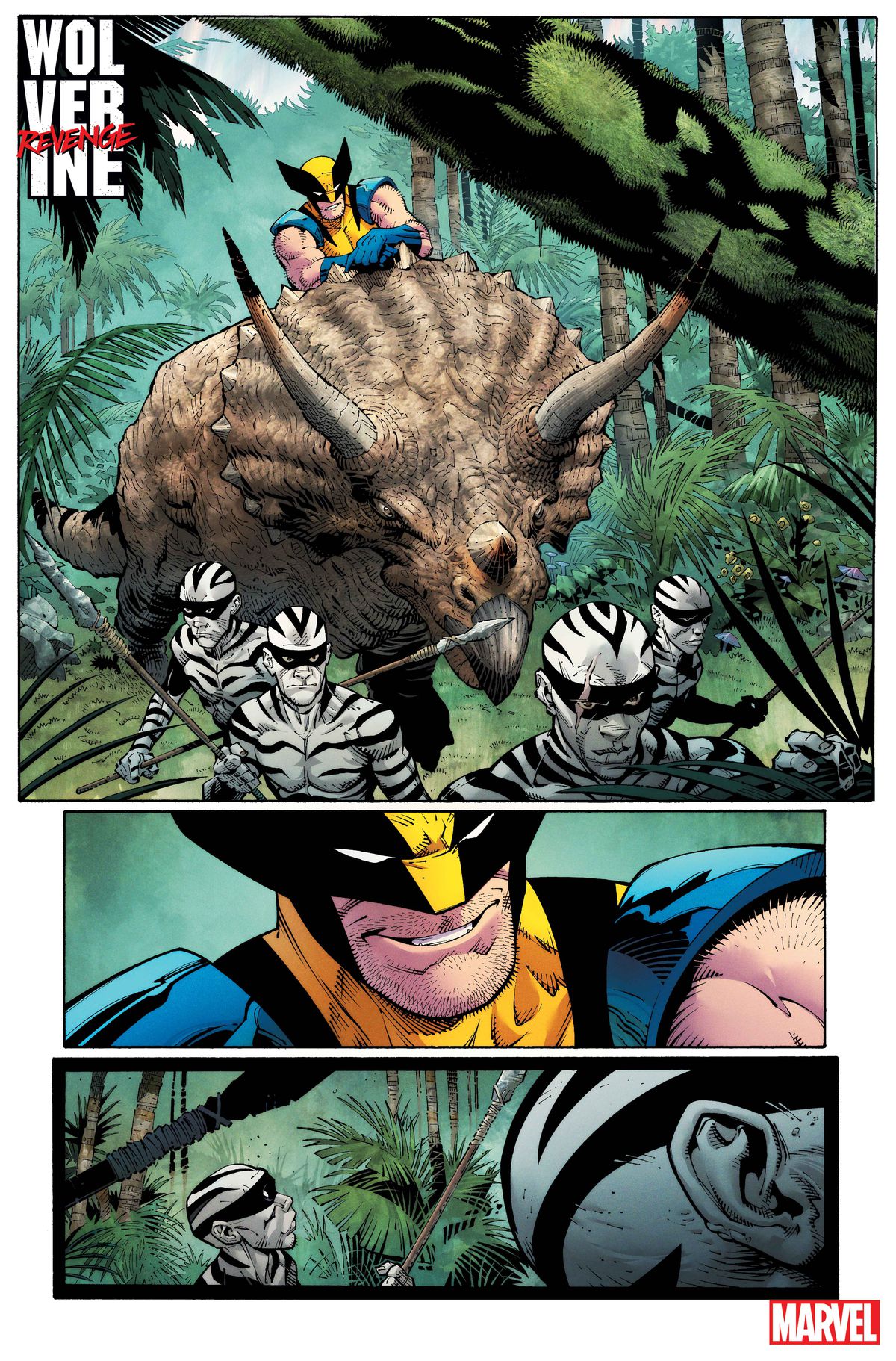 Wolverine chevauche un tricératops à travers les terres sauvages, en compagnie de membres du peuple zèbre dans Wolverine : Revenge #1.